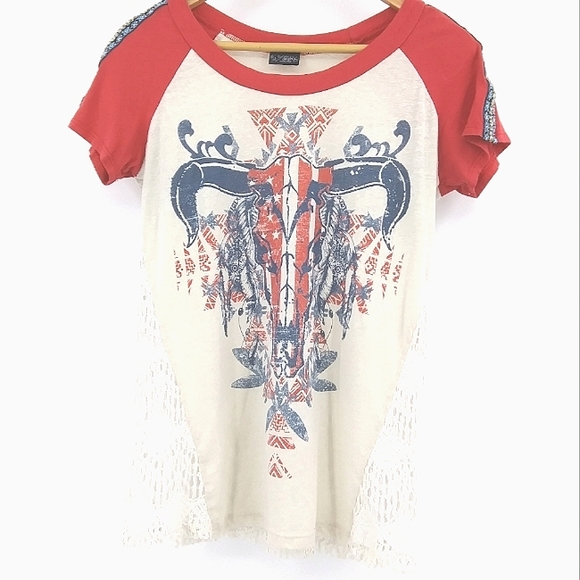 Daytrip Tops - DAYTRIP Cow Skull Feather Flag Graphic & Lace Tee